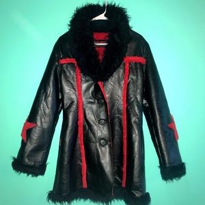 Tripp NYC goth black leather red faux fur coat